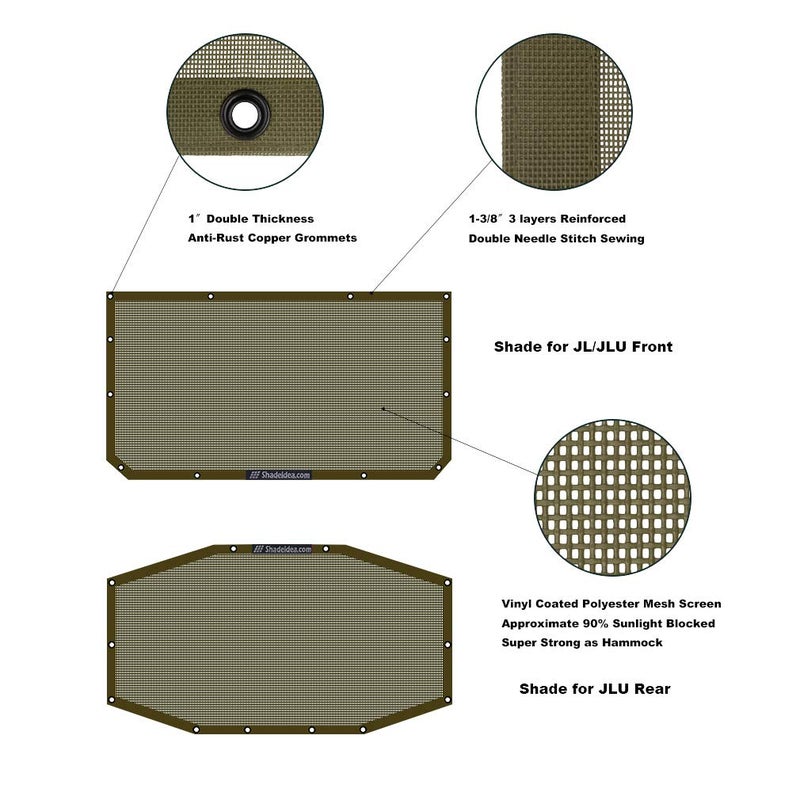 Shadeidea Sun Shade Top for Jeep Wrangler  JL (2018-2023) 4 Door Top Sunshade  Front & Rear - Tank Green JLU Mesh Screen Cover  UV Blocker with Grab Bag Pouch - 10 Year Warranty - Image 3